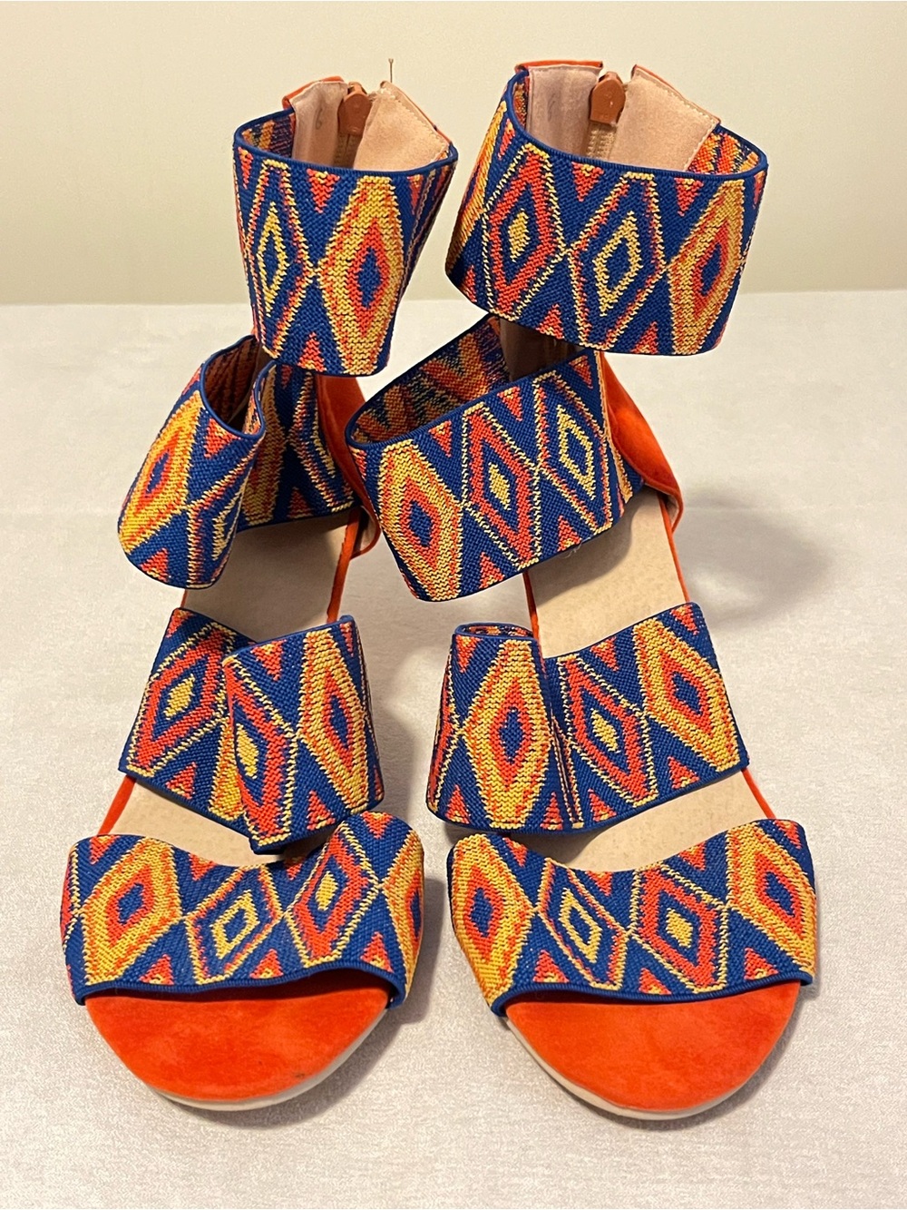 Women’s blue orange Aztec peep-toe high heel sandals size 11 New - Picture 3 of 9
